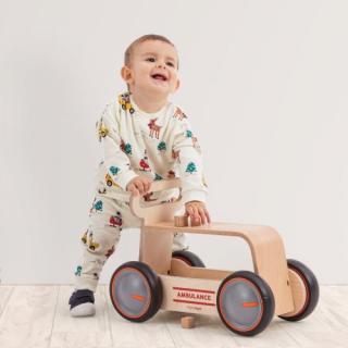 Masinuta ride-on, premergator si carucior de jucarii MamaToyz DriveMe Wood, Ambulanta - Jucarie din lemn 3 in 1