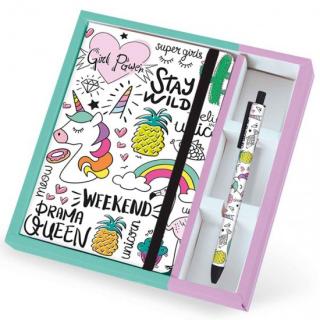 Set cadou cu carnet A5 si pix erasable, cu design unicorn