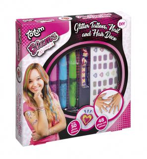 Set creativ 3 in 1, tatuaje cu sclipici, tatuaje cu sclipici pentru unghii si creioane pentru colorarea parului - Fashion Glamz