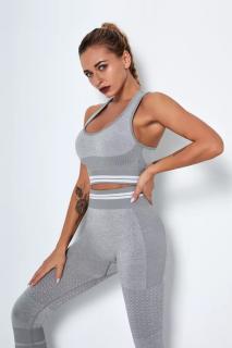 Compleu fitness modelator din doua piese, top cu sustinere inalta si pantaloni cu talie inalta cu benzi grafice, Gri