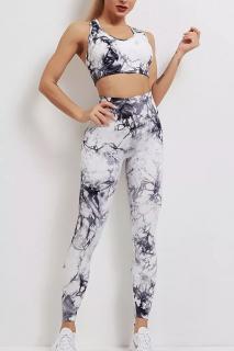 Compleu fitness modelator din doua piese, top si pantaloni cu talie inalta Marble, Alb cu Negru