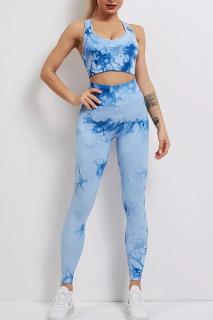 Compleu fitness modelator din doua piese, top si pantaloni cu talie inalta Marble, Bleu