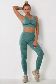 Compleu fitness modelator din doua piese, top si pantaloni cu talie inalta, Verde