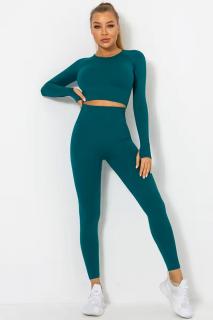 Compleu sport dama modelator Basics, colanti cu bluza, Verde