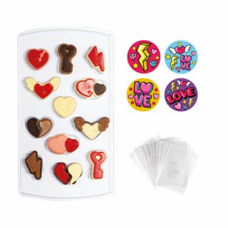 Praline   Decoruri Ciocolata, Love O 1.5 x H 2.6 cm - Set Matrita Plastic si Accesorii Ambalare