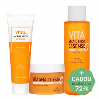 Set antirid cu efect de luminozitate in 4 pasi The Skin House Vita Snail Gel curatare, Toner-ser si Crema fata