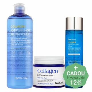 Set antirid hidratant in 3 pasi Farmstay Collagen Water Full Moist Toner, Ser fata si Crema-balsam de fata