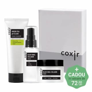 Set antirid nutritiv in 3 pasi Coxir Black Snail Collagen Ser, Crema de fata si Spuma curatare GIFT BOX