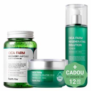 Set hidratant calmant cu efect antirid in 3 pasi Farmstay Cica Farm Toner, Ser de fata si Crema pentru fata