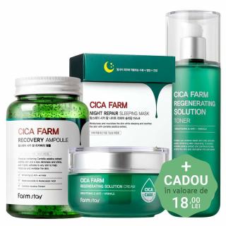 Set hidratant calmant cu efect antirid in 4 pasi Farmstay Cica Farm Toner, Ser de fata , Crema pentru fata si Masca faciala