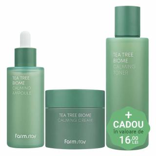 Set hidratant calmant in 3 pasi Farmstay Tea Tree Biome Calming Toner, Ser de fata si Crema pentru Fata