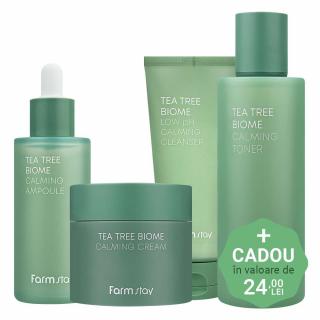 Set hidratant calmant in 4 pasi Farmstay Tea Tree Biome Calming Spuma de curatare, Toner, Ser si Crema pentru Fata