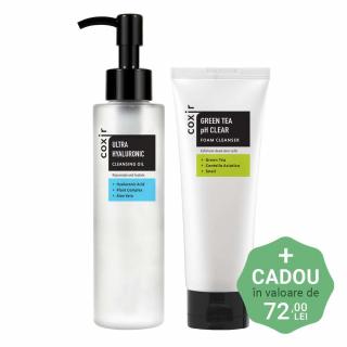 Set pentru curatarea tenului in 2 Pasi Coxir Ulei de curatare Ultra Hyaluronic si Spuma de curatare Green Tea Clear