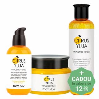 Set revitalizant in 3 pasi Farmstay Citrus Yuja Vitalizing Toner, Ser de fata si Crema pentru fata