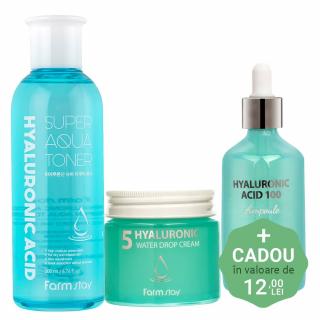 Set super hidratant in 3 pasi Farmstay Hyaluronic Acid Toner, Ser fata si Crema-balsam de fata