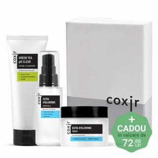 Set ultra hidratant cu efect antirid in 3 pasi Coxir Ultra Hyaluronic Ser, Crema de fata si Spuma curatare GIFT BOX