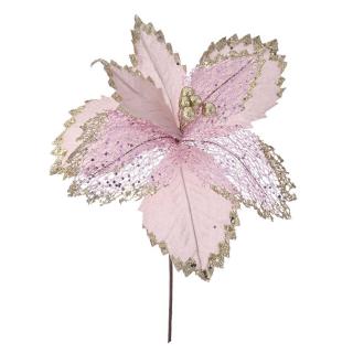 Decoratiune brad Floare Craciunita Pink Glitter, 34 cm, textil, roz