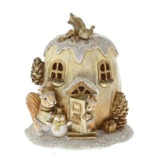 Decoratiune Craciun model Casa Dovleac cu lumini, 12x11x14 cm, auriu