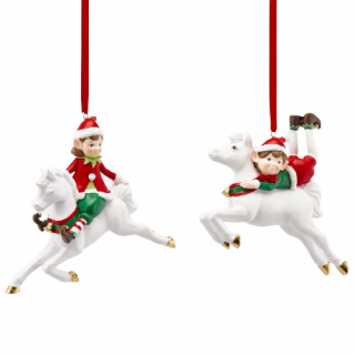 Ornament brad Elf pe cal, 11 cm, rasina, multicolor