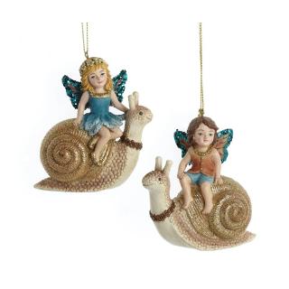 Set 2 ornamente brad model fata si baiat pe melc din padurea magica, 9 cm, maro