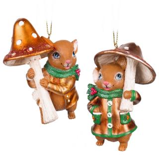 Set 2 ornamente brad model Soricel cu ciupercuta, 10 cm, maro