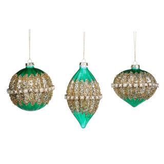 Set 3 globuri brad Craciun Emerald Green cu perle, 10 cm, verde