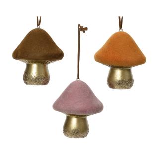 Set 3 ornamente brad Ciupercuta catifea, 9 cm, ceramica, multicolor