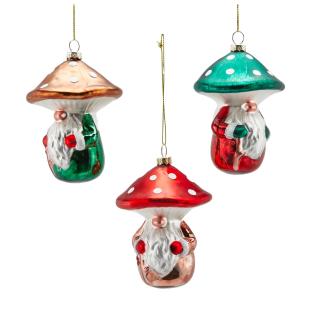 Set 3 ornamente brad model Ciuperca si Mos Craciun, 12 cm, multicolor