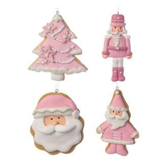 Set 4 ornamente brad model turta dulce Pink Christmas, 12 cm, Clay Dough, roz