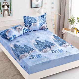 Husa de pat cu elastic Craciun,albastra cu brazi 180x200cm D052