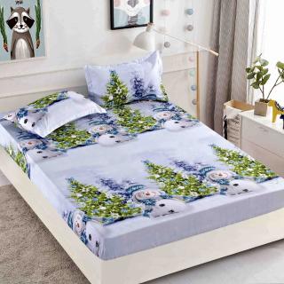 Husa de pat cu elastic Craciun,om de zapada cu brazi 180x200cm D051
