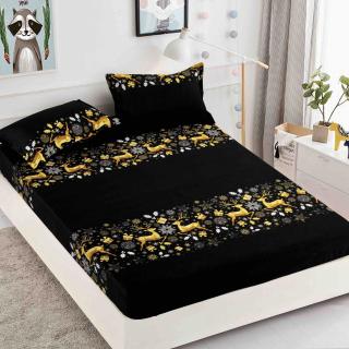 Husa de pat cu elastic de Craciun,neagra cu reni 180x200cm D043