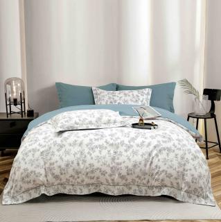 Lenjerie de lux pentru pat dublu,bumbac finet,6 piese,cearceaf cu elastic,alba albastra cu flori-A999