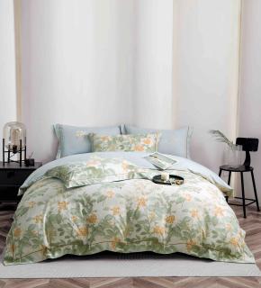 Lenjerie de lux pentru pat dublu,bumbac finet,6 piese,cearceaf cu elastic,alba bleu,cu flori verzi-A1008