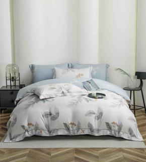Lenjerie de lux pentru pat dublu,bumbac finet,6 piese,cearceaf cu elastic,alba bleu,flori gri-A1012