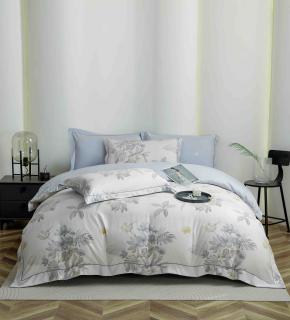 Lenjerie de lux pentru pat dublu,bumbac finet,6 piese,cearceaf cu elastic,alba bleu,imprimeu cu floricele gri-A1014