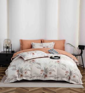 Lenjerie de lux pentru pat dublu,bumbac finet,6 piese,cearceaf cu elastic,alba caramiziu,cu flori-A1011