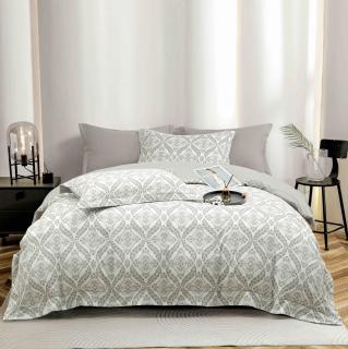 Lenjerie de lux pentru pat dublu,bumbac finet,6 piese,cearceaf cu elastic,alba gri,model oriental-A996