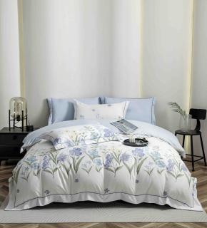 Lenjerie de lux pentru pat dublu,bumbac finet,6 piese,cearceaf cu elastic,alba lila,imprimeu cu flori albastre-A1006