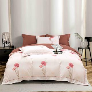 Lenjerie de lux pentru pat dublu,bumbac finet,6 piese,cearceaf cu elastic,alba maro,cu flori rosii-A1019