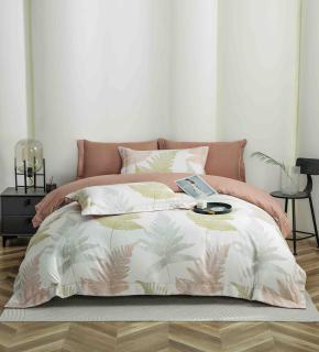 Lenjerie de lux pentru pat dublu,bumbac finet,6 piese,cearceaf cu elastic,alba maro,cu frunze-A1013