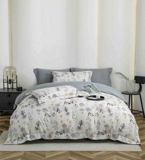 Lenjerie de lux pentru pat dublu,bumbac finet,6 piese,cearceaf cu elastic,alba mov,cu floricele-A1009