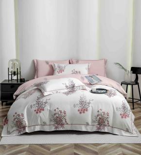 Lenjerie de lux pentru pat dublu,bumbac finet,6 piese,cearceaf cu elastic,alba roz,cu flori-A1016