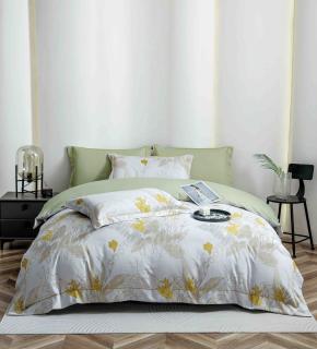 Lenjerie de lux pentru pat dublu,bumbac finet,6 piese,cearceaf cu elastic,alba verde imprimeu cu flori-A1005