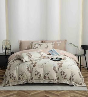 Lenjerie de lux pentru pat dublu,bumbac finet,6 piese,cearceaf cu elastic,bej,cu flori-A1020