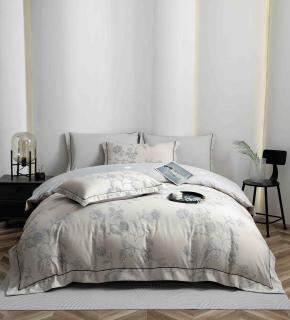 Lenjerie de lux pentru pat dublu,bumbac finet,6 piese,cearceaf cu elastic,gri,imprimeu cu flori-A1007