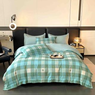 Lenjerie de lux pentru pat dublu,bumbac finet,6 piese,cearceaf cu elastic,multicolora,imprimeu carouri-A1000