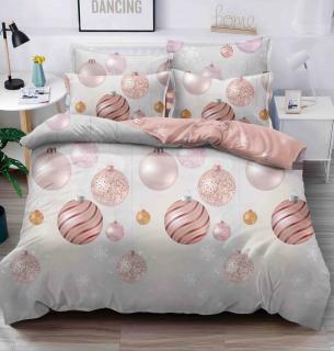 Lenjerie pat de Craciun cu elastic,pat dublu,bumbac finet,6 piese,globuri roz-A627