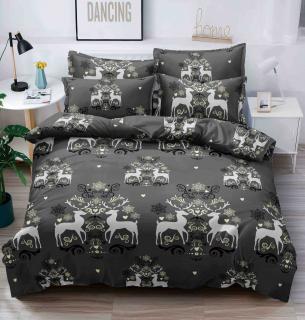 Lenjerie pat de Craciun cu elastic,pat dublu,bumbac finet,6 piese,gri inchis cu reni-A622