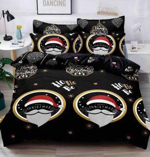 Lenjerie pat de Craciun cu elastic,pat dublu,bumbac finet,6 piese,neagra cu globuri si stelute-A919
